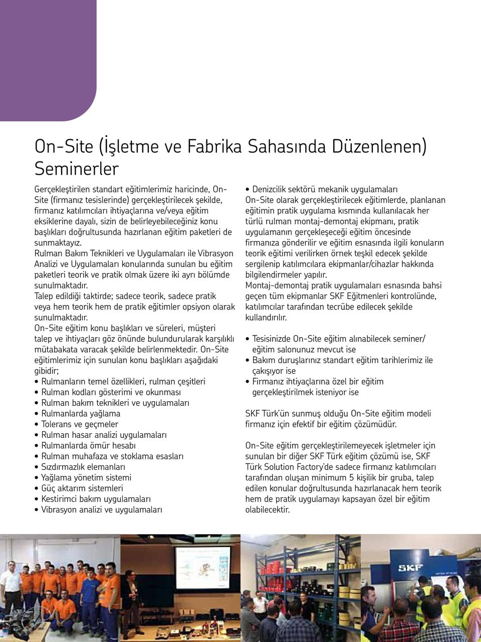 Rulman Bakım Teknikleri ve Uygulamaları ile Vibrasyon Analizi ve Uygulamaları konularında sunulan bu eğitim paketleri teorik ve pratik olmak üzere iki ayrı bölümde sunulmaktadır.