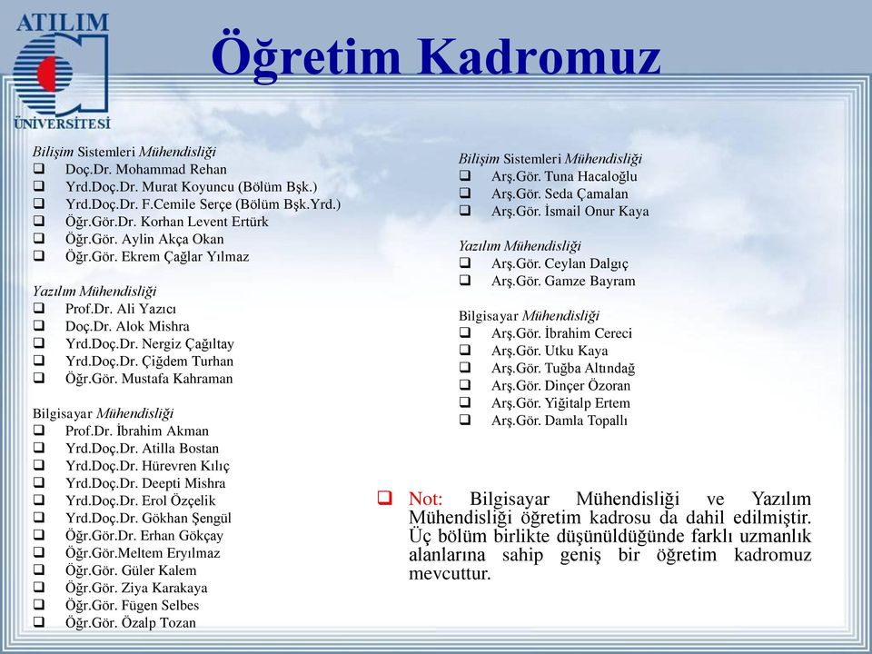 Doç.Dr. Atilla Bostan Yrd.Doç.Dr. Hürevren Kılıç Yrd.Doç.Dr. Deepti Mishra Yrd.Doç.Dr. Erol Özçelik Yrd.Doç.Dr. Gökhan Şengül Öğr.Gör.Dr. Erhan Gökçay Öğr.Gör.Meltem Eryılmaz Öğr.Gör. Güler Kalem Öğr.