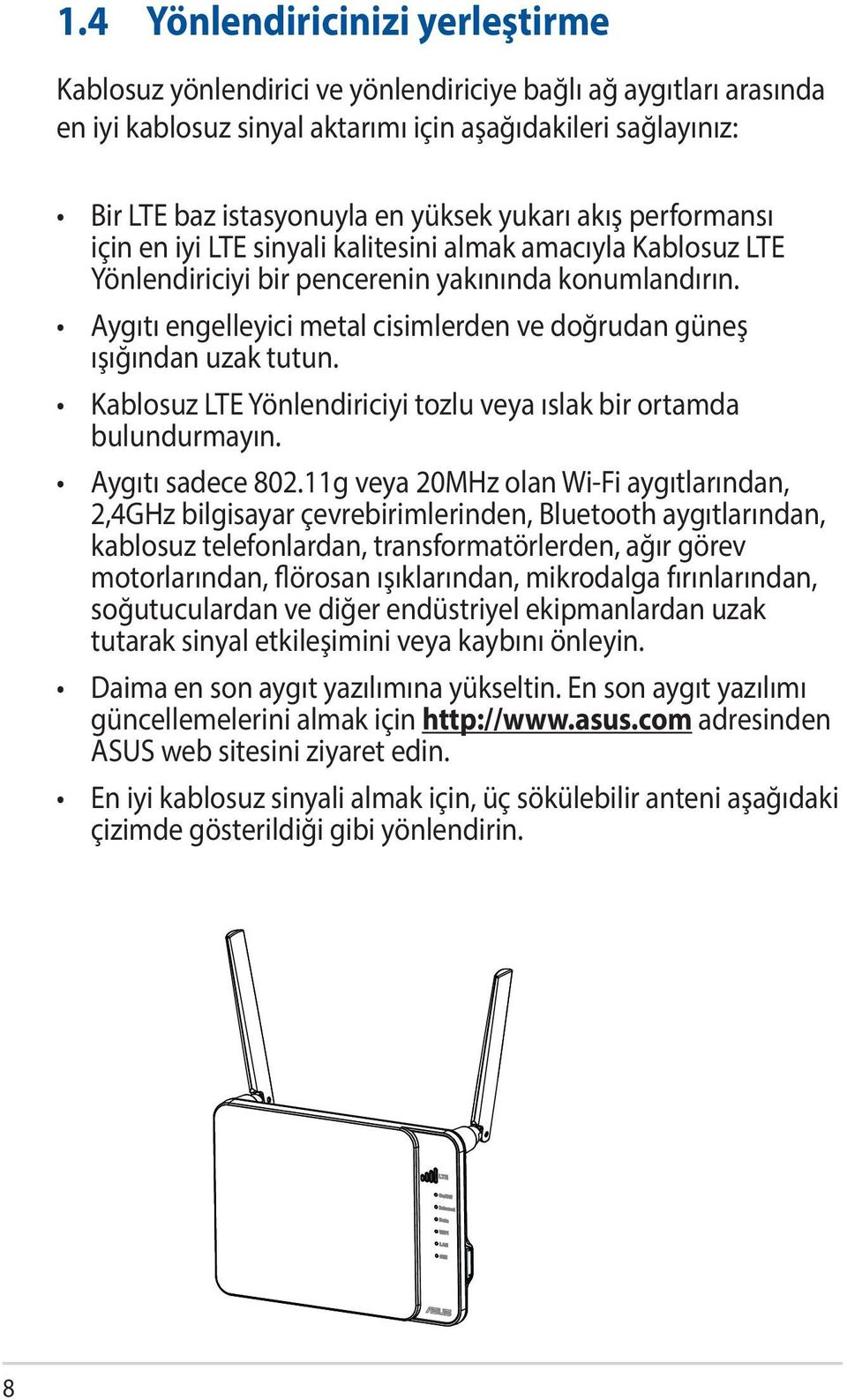 Aygıtı engelleyici metal cisimlerden ve doğrudan güneş ışığından uzak tutun. Kablosuz LTE Yönlendiriciyi tozlu veya ıslak bir ortamda bulundurmayın. Aygıtı sadece 802.