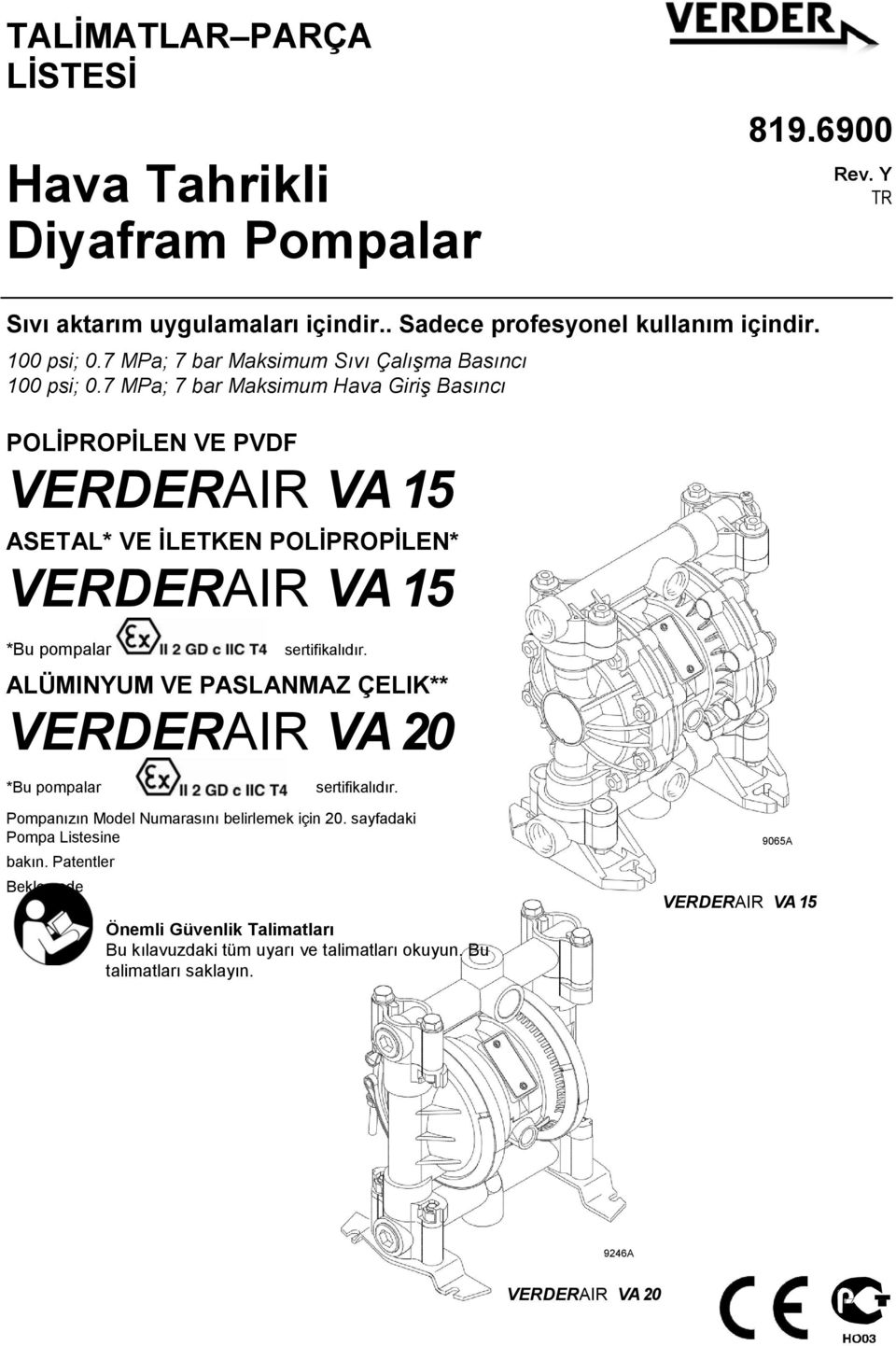 7 MPa; 7 bar Maksimum Hava Giriş Basıncı POLĠPROPĠLEN VE PVDF VERDERAIR VA 15 ASETAL* VE ĠLETKEN POLĠPROPĠLEN* VERDERAIR VA 15 *Bu pompalar sertifikalıdır.