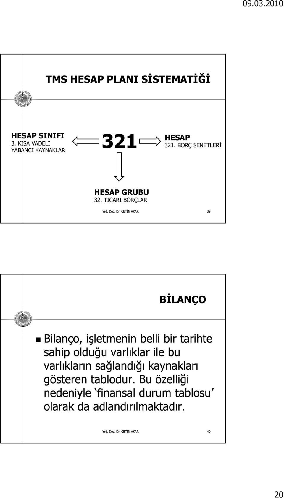 TİCARİ BORÇLAR 39 BİLANÇO Bilanço, işletmenin belli bir tarihte sahip olduğu varlıklar