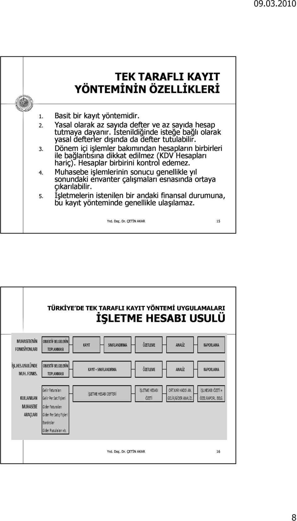 Dönem içi işlemler bakımından hesapların birbirleri ile bağlantısına dikkat edilmez (KDV Hesapları hariç). Hesaplar birbirini kontrol edemez. 4.