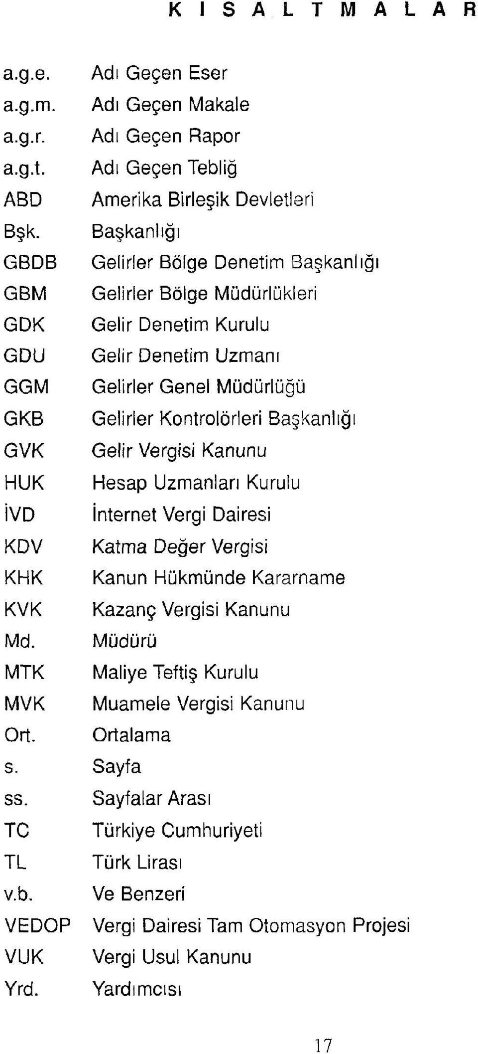 Kontrolörleri Başkanlığı GVK Gelir Vergisi Kanunu HUK Hesap Uzmanları Kurulu İVD İnternet Vergi Dairesi KDV Katma Değer Vergisi KHK Kanun Hükmünde Kararname KVK Kazanç Vergisi Kanunu Md.