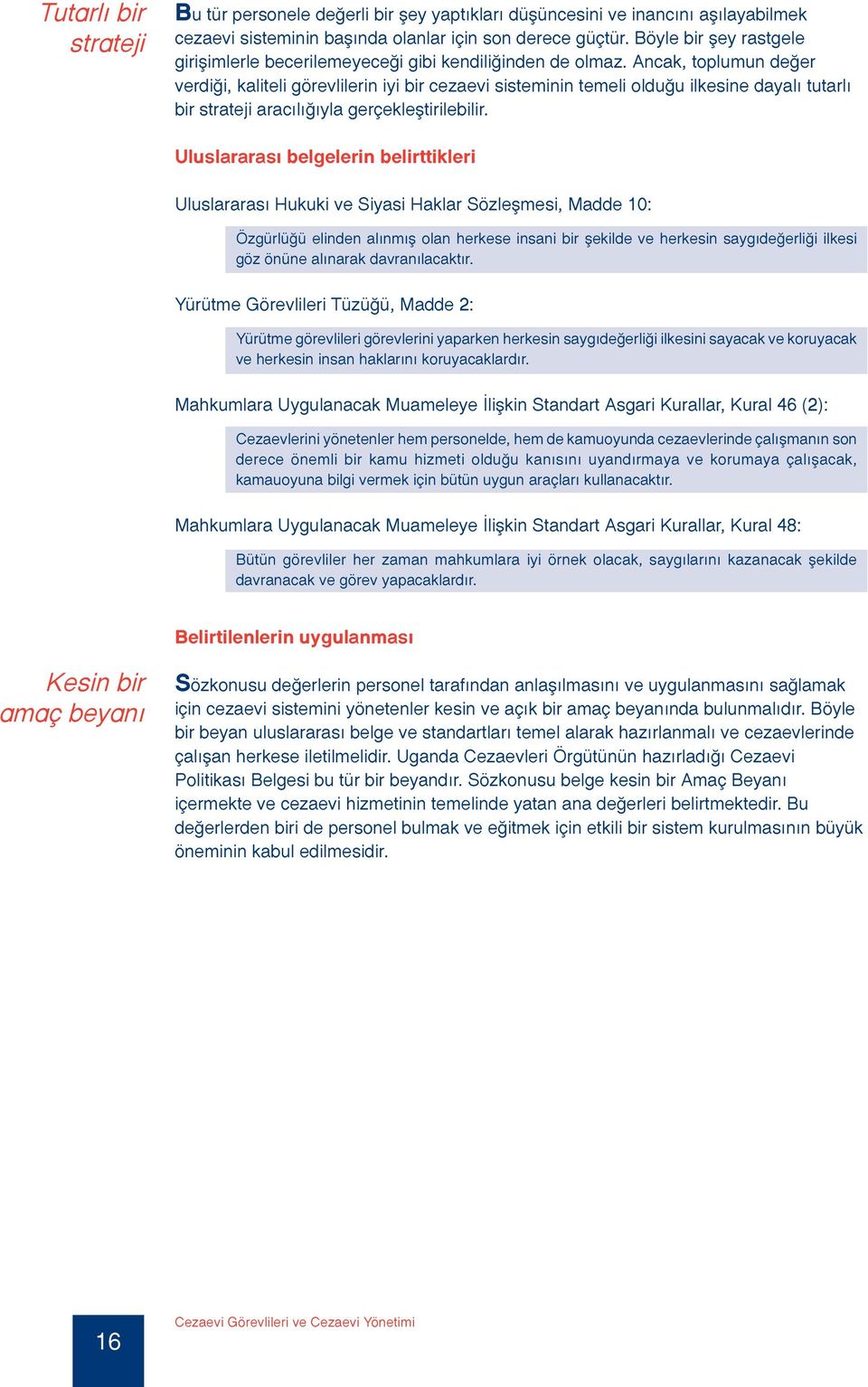 Ancak, toplumun değer verdiği, kaliteli görevlilerin iyi bir cezaevi sisteminin temeli olduğu ilkesine dayalı tutarlı bir strateji aracılığıyla gerçekleştirilebilir.