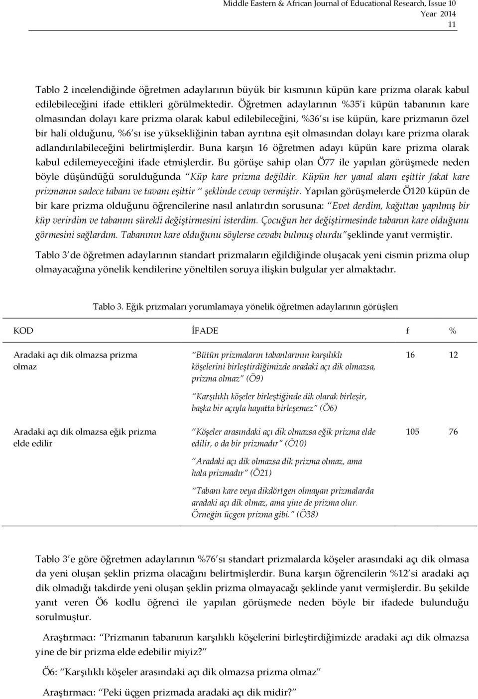 ayrıtına eşit olmasından dolayı kare prizma olarak adlandırılabileceğini belirtmişlerdir. Buna karşın 16 öğretmen adayı küpün kare prizma olarak kabul edilemeyeceğini ifade etmişlerdir.