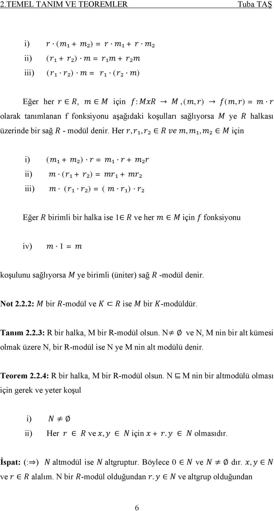 Her, ₁, ₂, ₁, ₂ için i) ( ₁ + ₂) = ₁ + ₂ ii) ( ₁ + ₂) = ₁ + ₂ iii) ( ₁ ₂)=( ₁) ₂ Eğer birimli bir halka ise 1 ve her için fonksiyonu iv) 1= koşulunu sağlıyorsa ye birimli (üniter) sağ -modül denir.