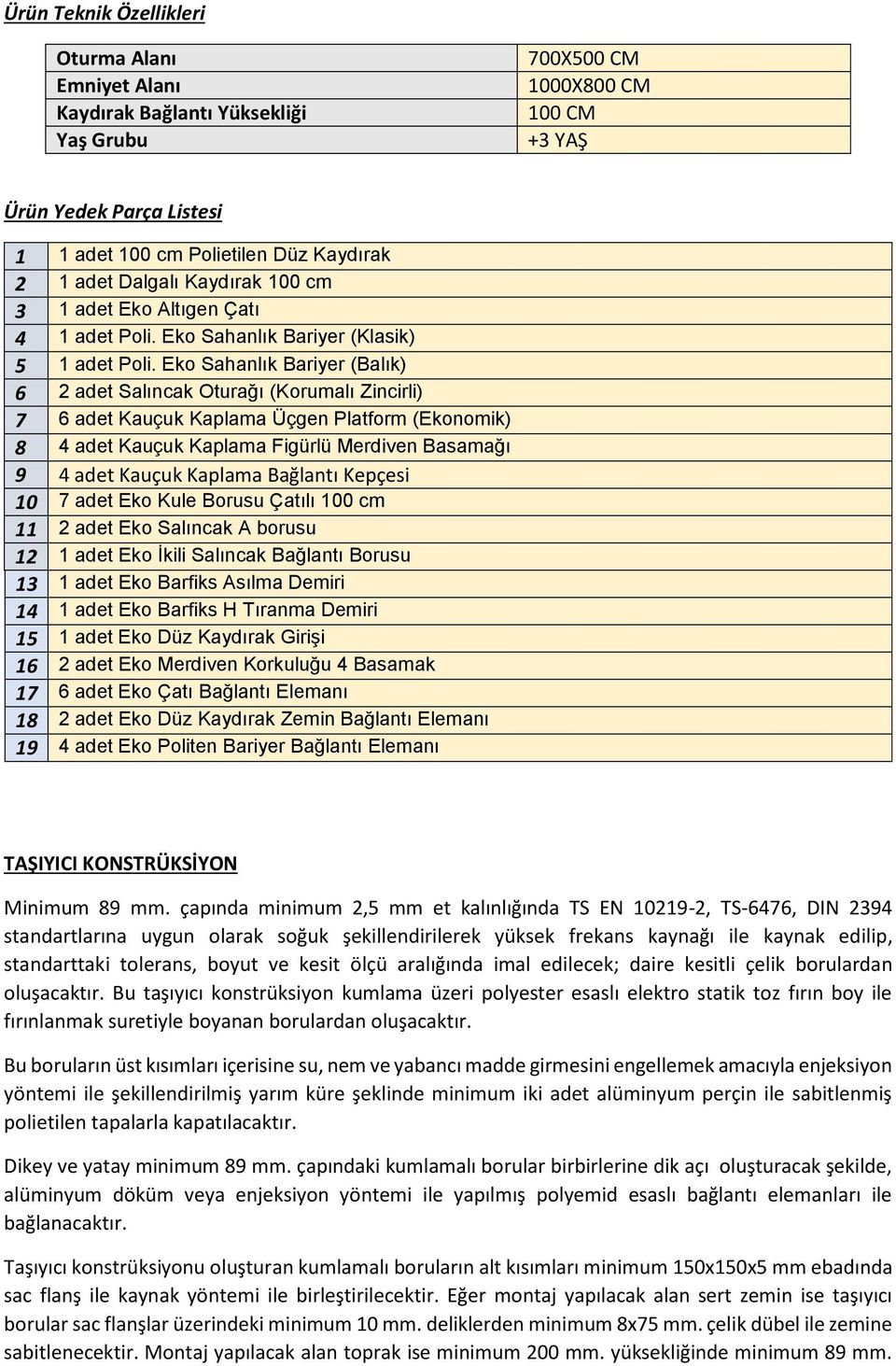 Eko Sahanlık Bariyer (Balık) 6 2 adet Salıncak Oturağı (Korumalı Zincirli) 7 6 adet Kauçuk Kaplama Üçgen Platform (Ekonomik) 8 4 adet Kauçuk Kaplama Figürlü Merdiven Basamağı 9 4 adet Kauçuk Kaplama