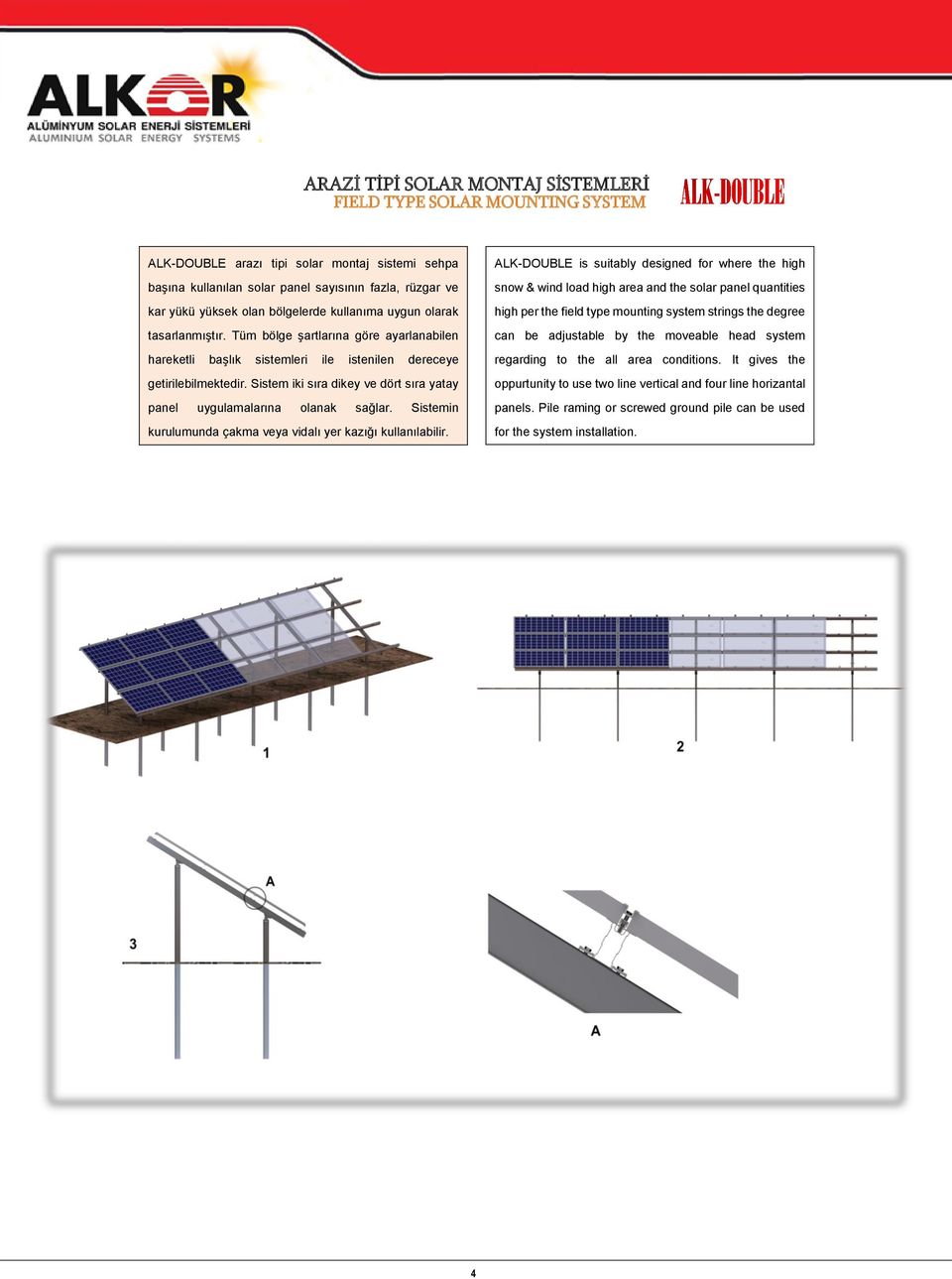 Sistem iki sıra dikey ve dört sıra yatay panel uygulamalarına olanak sağlar. Sistemin kurulumunda çakma veya vidalı yer kazığı kullanılabilir.