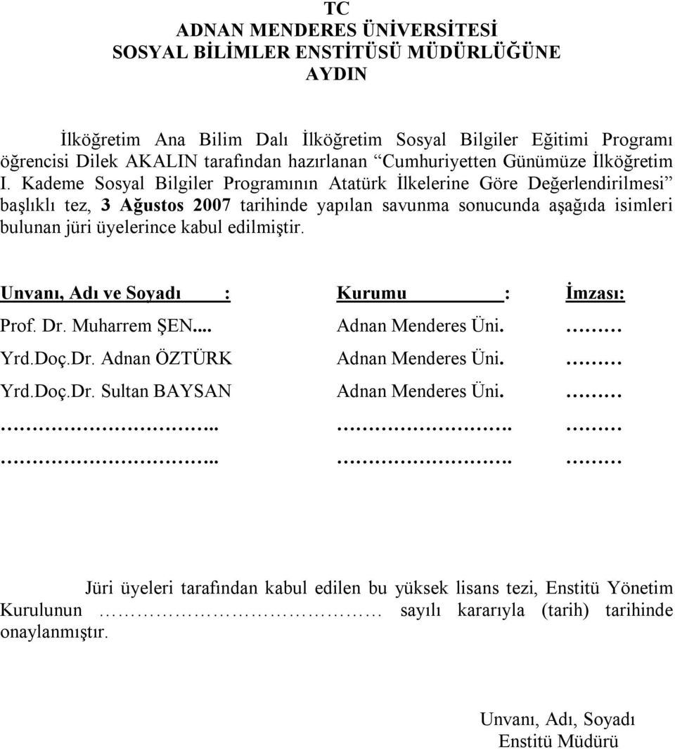 Kademe Sosyal Bilgiler Programının Atatürk İlkelerine Göre Değerlendirilmesi başlıklı tez, 3 Ağustos 2007 tarihinde yapılan savunma sonucunda aşağıda isimleri bulunan jüri üyelerince kabul