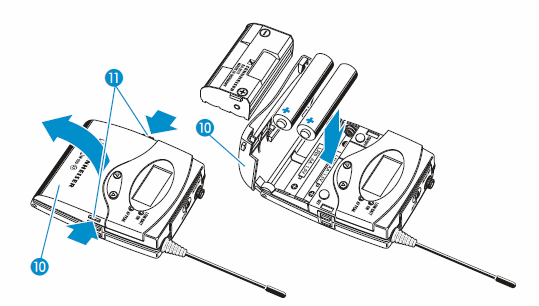 SK 300 G3 verici 1-Mikrofon veya enstruman girişi 2-MUTE anahtarı 3-Anten 4-Batarya durum göstergesi 5-Ses ovverload göstergesi 6-Şarj kontağı 7-SET düğmesi 8-Yukarı/Aşağı düğmeleri 9-Batarya yuvası