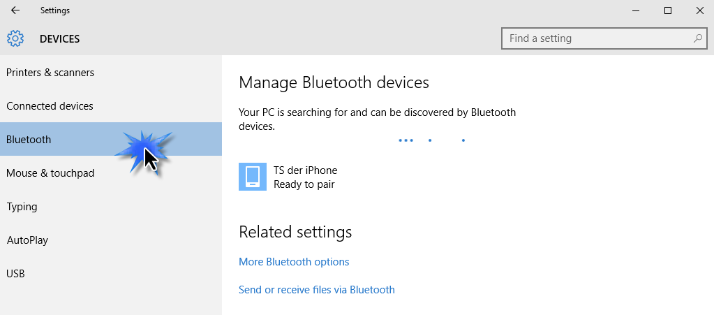 Bir Bluetooth cihazına bağlanmak için, arama çubuğunu kullanarak Windows