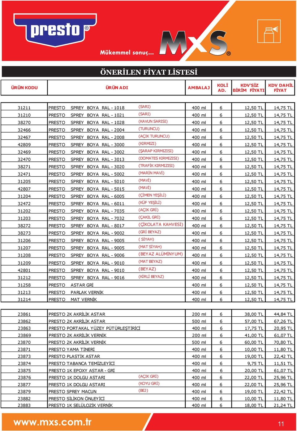 ml 6 12,50 TL 14,75 TL 32466 PRESTO SPREY BOYA RAL - 2004 (TURUNCU) 400 ml 6 12,50 TL 14,75 TL 32467 PRESTO SPREY BOYA RAL - 2008 (AÇIK TURUNCU) 400 ml 6 12,50 TL 14,75 TL 42809 PRESTO SPREY BOYA RAL