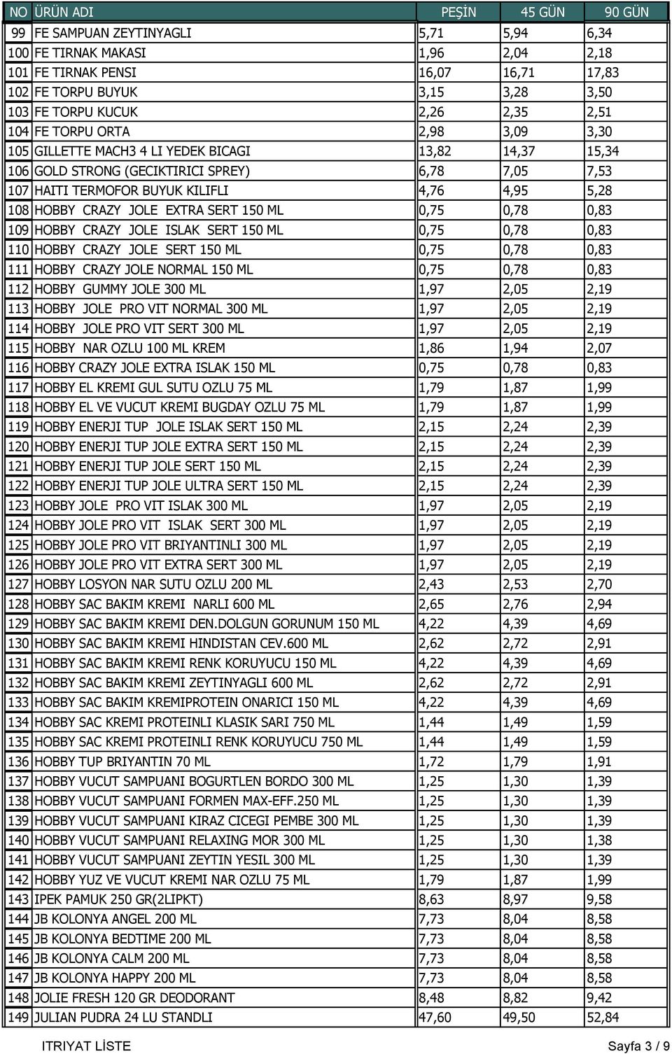 EXTRA SERT 150 ML 0,75 0,78 0,83 109 HOBBY CRAZY JOLE ISLAK SERT 150 ML 0,75 0,78 0,83 110 HOBBY CRAZY JOLE SERT 150 ML 0,75 0,78 0,83 111 HOBBY CRAZY JOLE NORMAL 150 ML 0,75 0,78 0,83 112 HOBBY