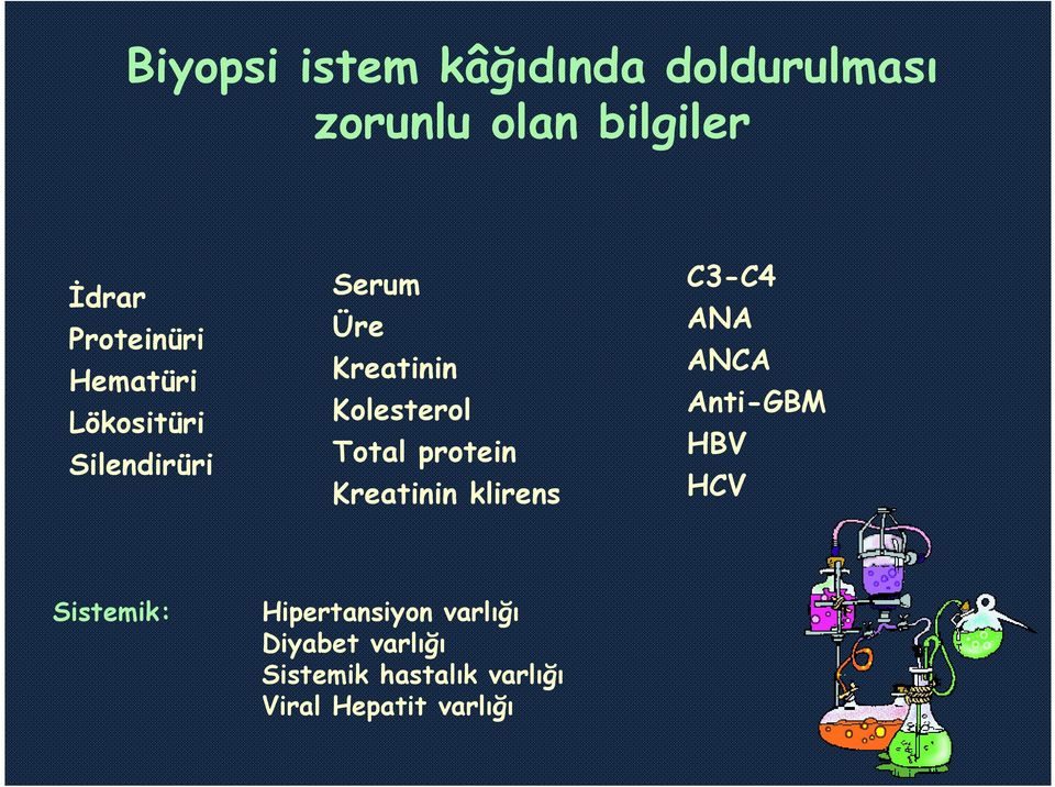 Total protein Kreatinin klirens C3-C4 ANA ANCA Anti-GBM HBV HCV Sistemik: