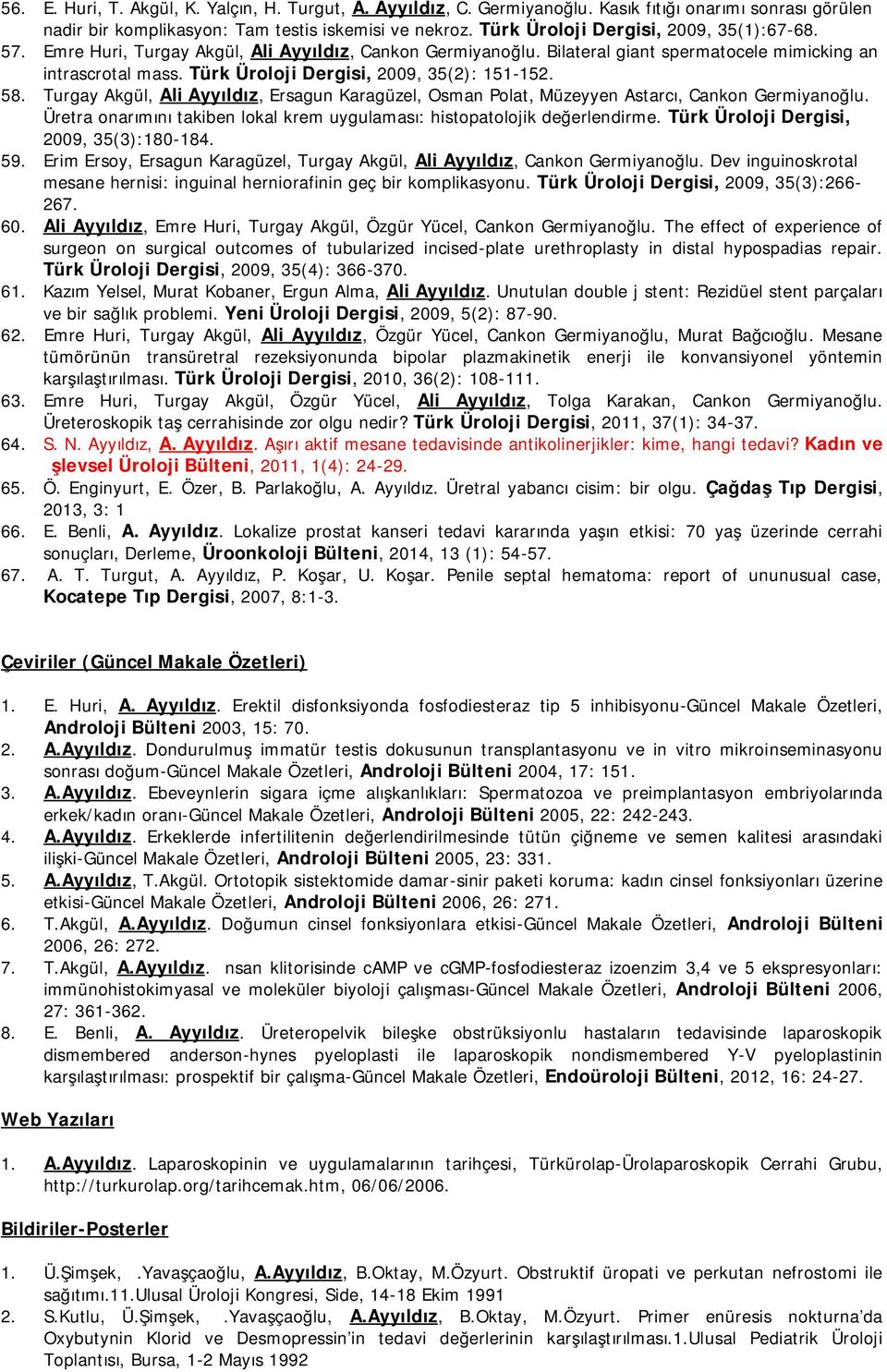 Türk Üroloji Dergisi, 2009, 35(2): 151-152. 58. Turgay Akgül, Ali Ayyıldız, Ersagun Karagüzel, Osman Polat, Müzeyyen Astarcı, Cankon Germiyanoğlu.