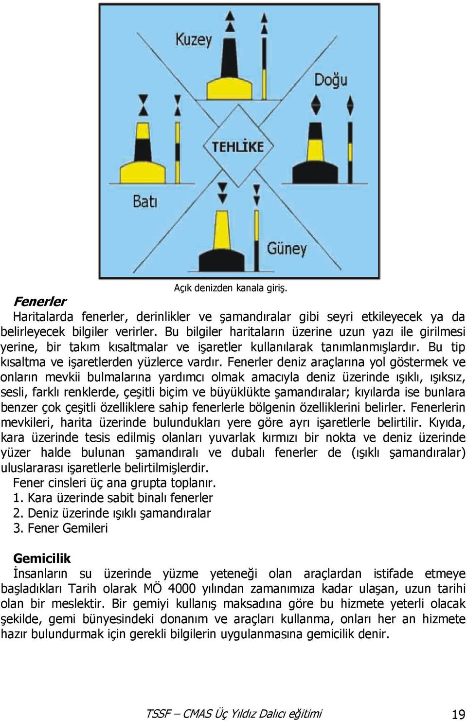 Fenerler deniz araçlarına yol göstermek ve onların mevkii bulmalarına yardımcı olmak amacıyla deniz üzerinde ışıklı, ışıksız, sesli, farklı renklerde, çeşitli biçim ve büyüklükte şamandıralar;