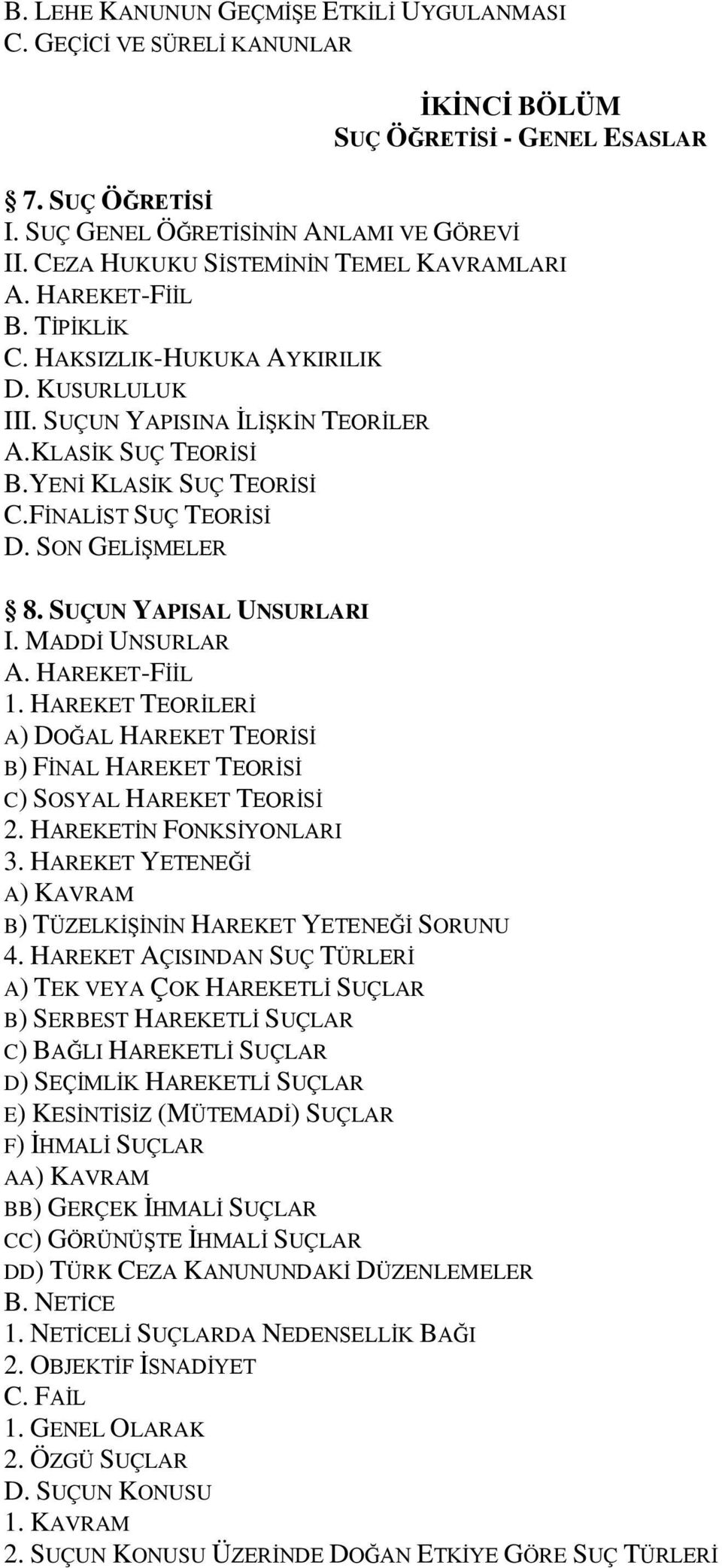 FİNALİST SUÇ TEORİSİ D. SON GELİŞMELER 8. SUÇUN YAPISAL UNSURLARI I. MADDİ UNSURLAR A. HAREKET-FİİL 1. HAREKET TEORİLERİ A) DOĞAL HAREKET TEORİSİ B) FİNAL HAREKET TEORİSİ C) SOSYAL HAREKET TEORİSİ 2.