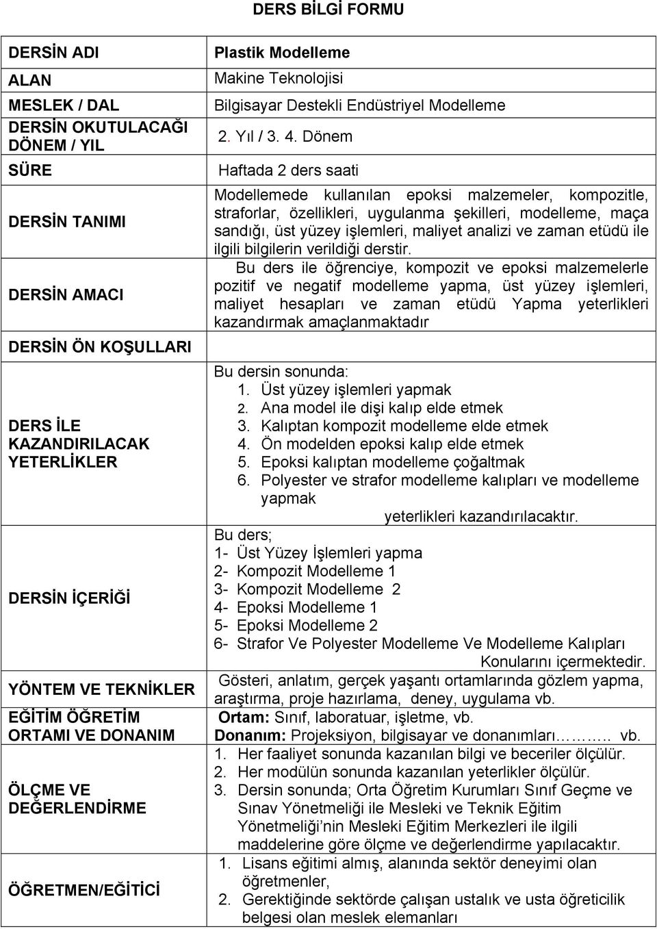 Dönem Haftada 2 ders saati Modellemede kullanılan epoksi malzemeler, kompozitle, straforlar, özellikleri, uygulanma şekilleri, modelleme, maça sandığı, üst yüzey işlemleri, maliyet analizi ve zaman