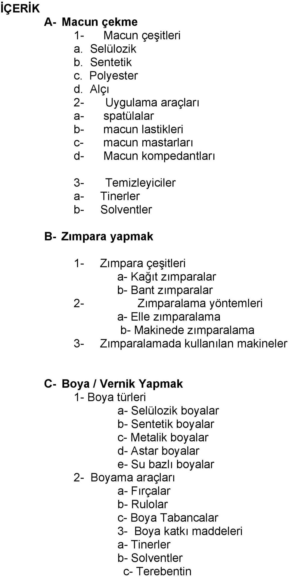 Zımpara çeşitleri a- Kağıt zımparalar b- Bant zımparalar 2- Zımparalama yöntemleri a- Elle zımparalama b- Makinede zımparalama 3- Zımparalamada kullanılan makineler C-