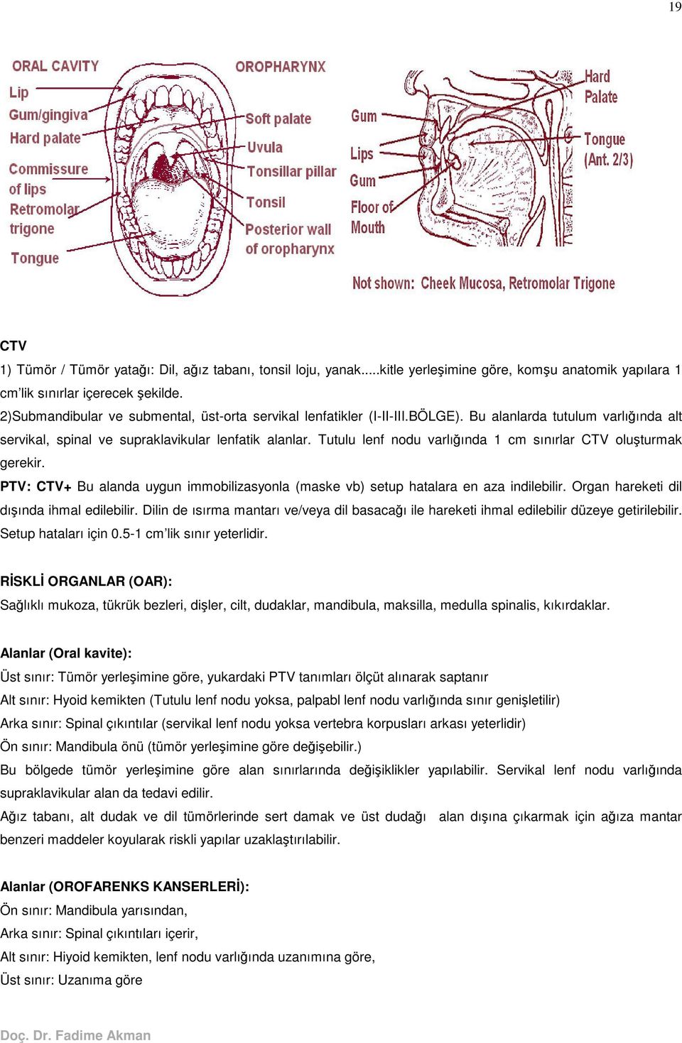 Tutulu lenf nodu varlıında 1 cm sınırlar CTV oluturmak gerekir. PTV: CTV+ Bu alanda uygun immobilizasyonla (maske vb) setup hatalara en aza indilebilir. Organ hareketi dil dıında ihmal edilebilir.