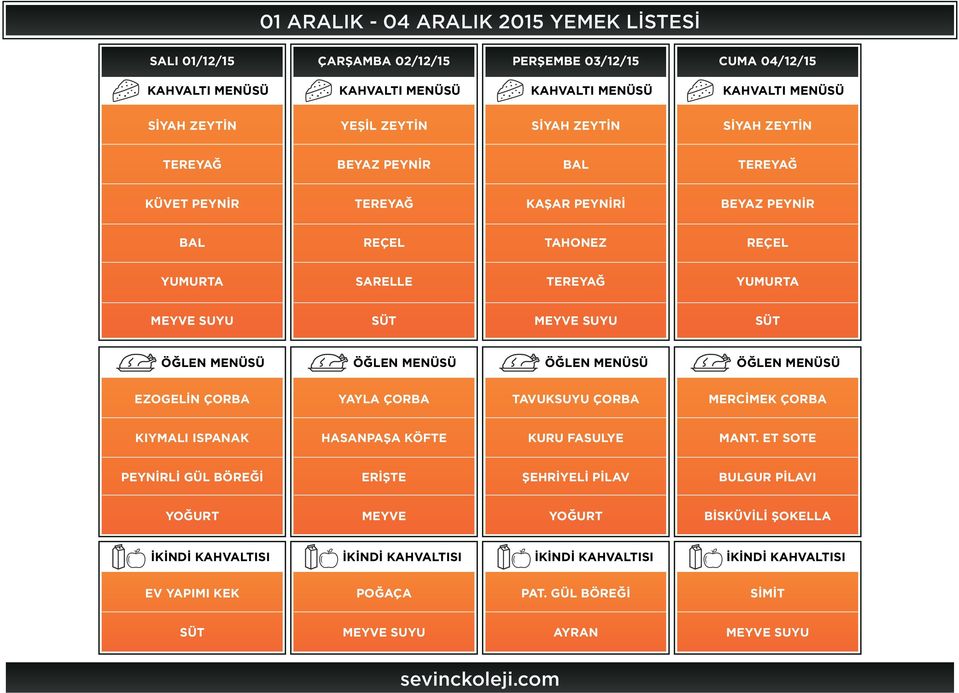 TAVUKSUYU ÇORBA KIYMALI ISPANAK HASANPAŞA KÖFTE KURU FASULYE MANT.