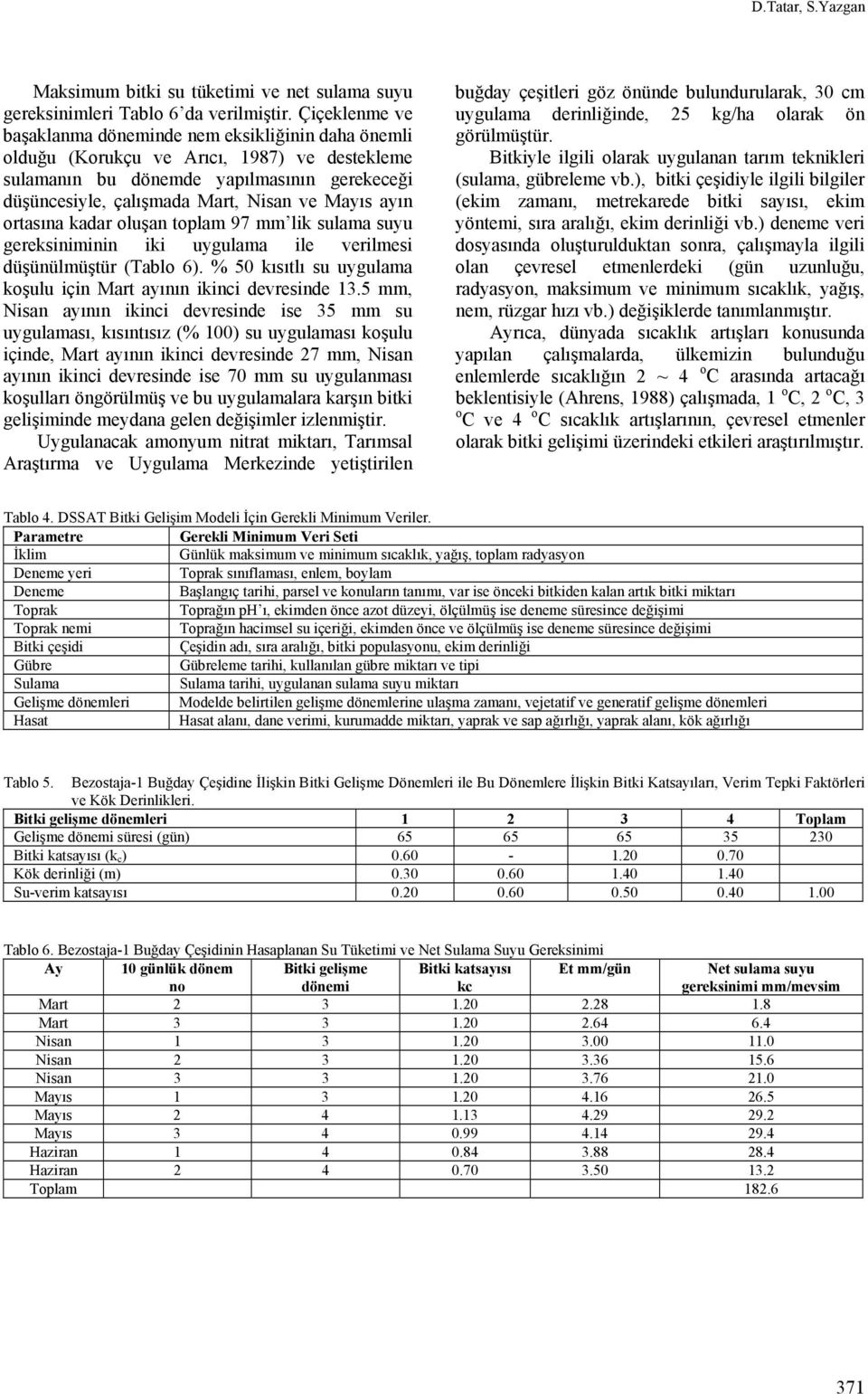 ayın ortasına kadar oluşan toplam 97 mm lik sulama suyu gereksiniminin iki uygulama ile verilmesi düşünülmüştür (Tablo 6). % 50 kısıtlı su uygulama koşulu için Mart ayının ikinci devresinde 13.