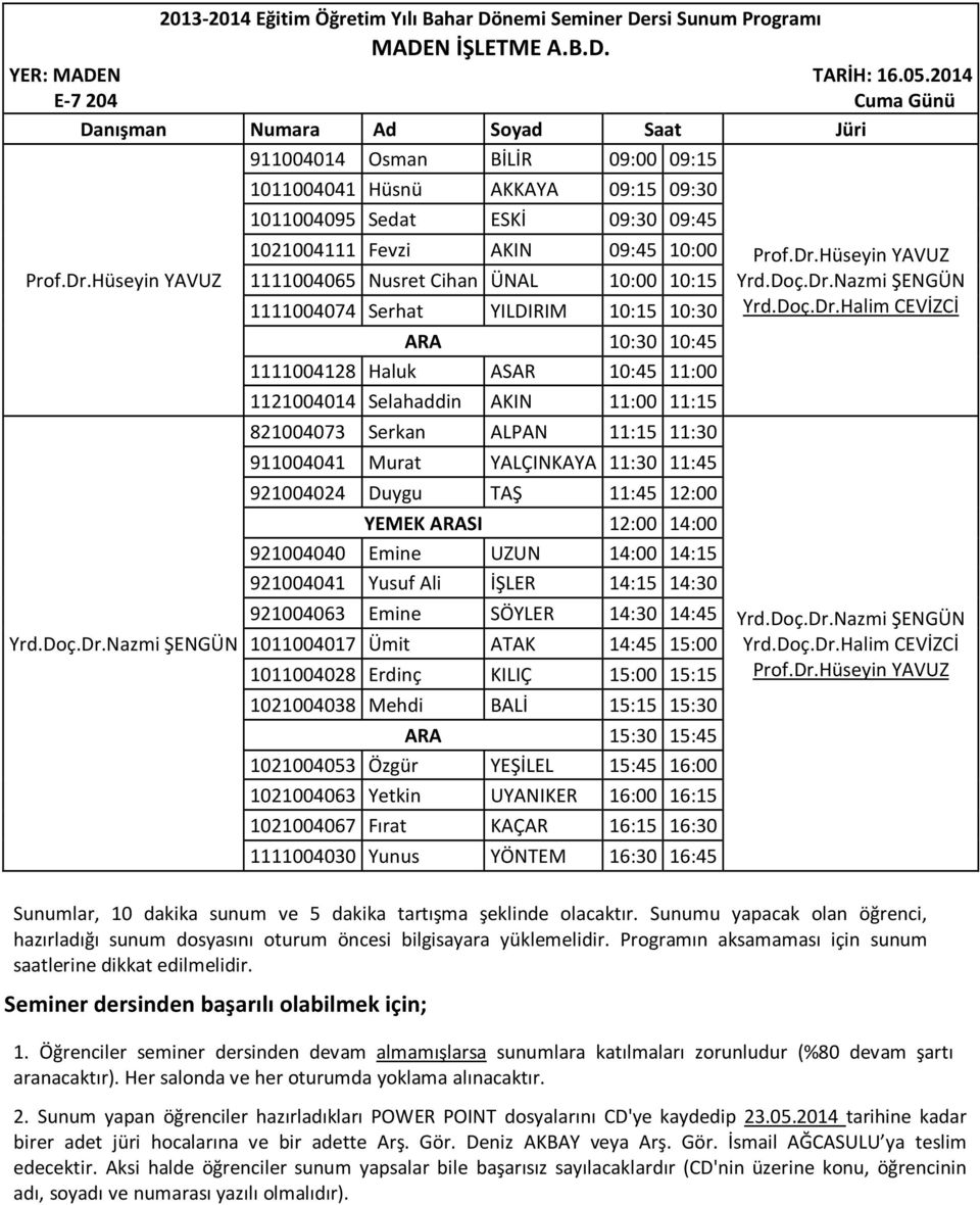 1111004074 Serhat YILDIRIM 10:15 10:30 1111004128 Haluk ASAR 10:45 11:00 1121004014 Selahaddin AKIN 11:00 11:15 821004073 Serkan ALPAN 11:15 11:30 911004041 Murat YALÇINKAYA 11:30 11:45 921004024