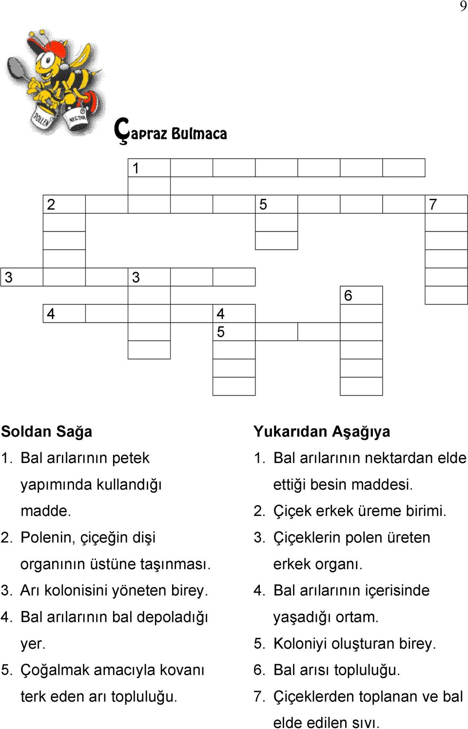 Yukarıdan Aşağıya 1. Bal arılarının nektardan elde ettiği besin maddesi. 2. Çiçek erkek üreme birimi. 3. Çiçeklerin polen üreten erkek organı.