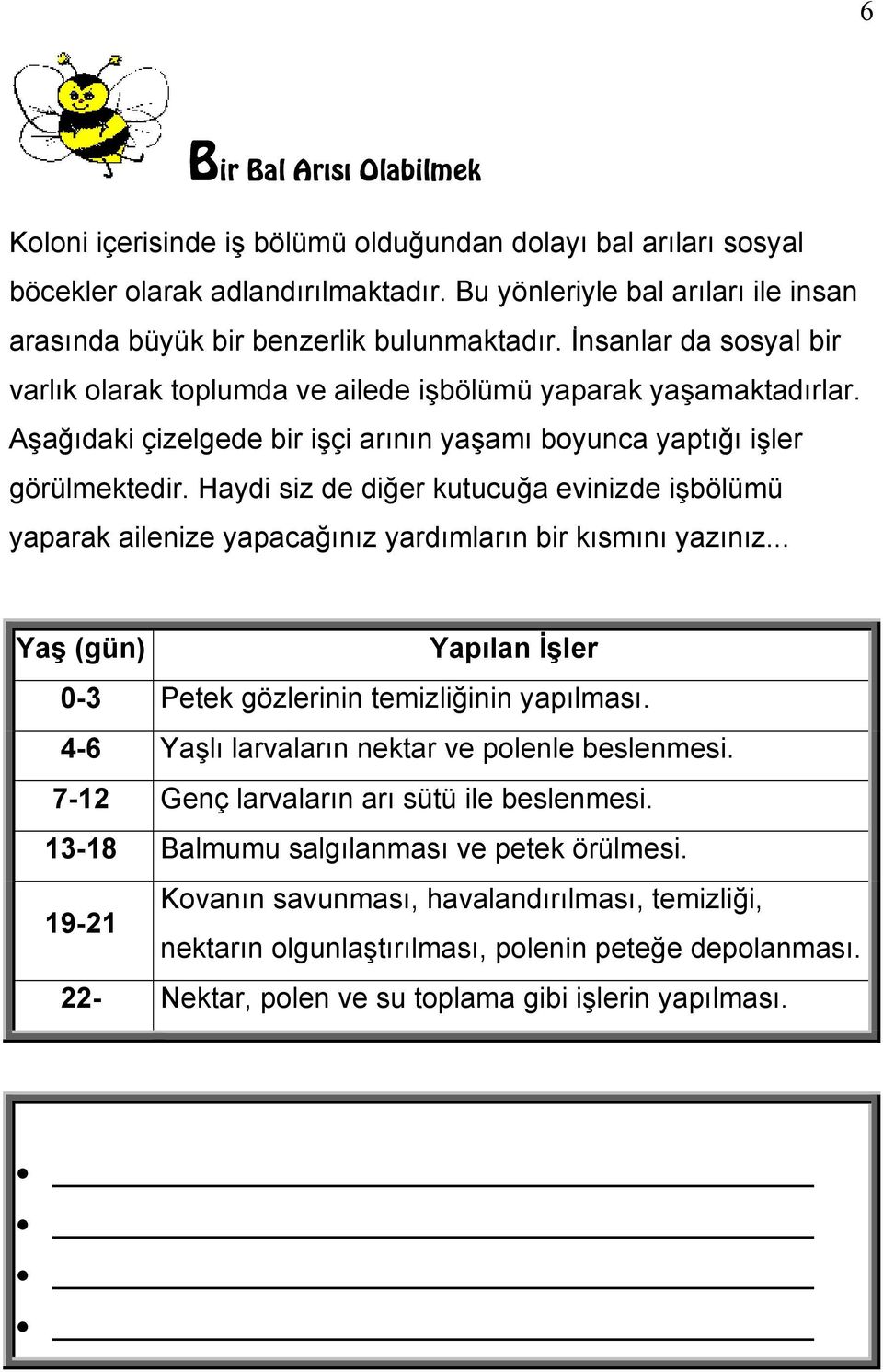 Aşağıdaki çizelgede bir işçi arının yaşamı boyunca yaptığı işler görülmektedir. Haydi siz de diğer kutucuğa evinizde işbölümü yaparak ailenize yapacağınız yardımların bir kısmını yazınız.