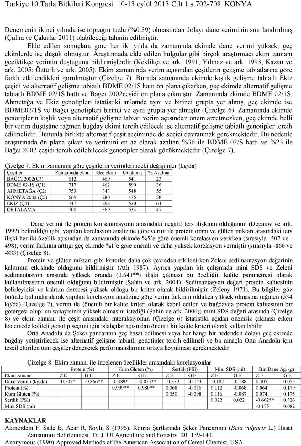 Araştırmada elde edilen bulgular gibi birçok araştırmacı ekim zamanı geciktikçe verimin düştüğünü bildirmişlerdir (Keklikçi ve ark. 1991; Yılmaz ve ark. 1993; Kazan ve ark. 2005; Öztürk ve ark. 2005).