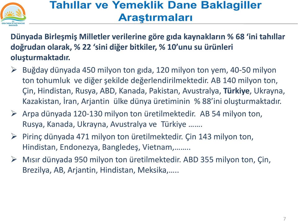 AB 140 milyon ton, Çin, Hindistan, Rusya, ABD, Kanada, Pakistan, Avustralya, Türkiye, Ukrayna, Kazakistan, İran, Arjantin ülke dünya üretiminin % 88 ini oluşturmaktadır.