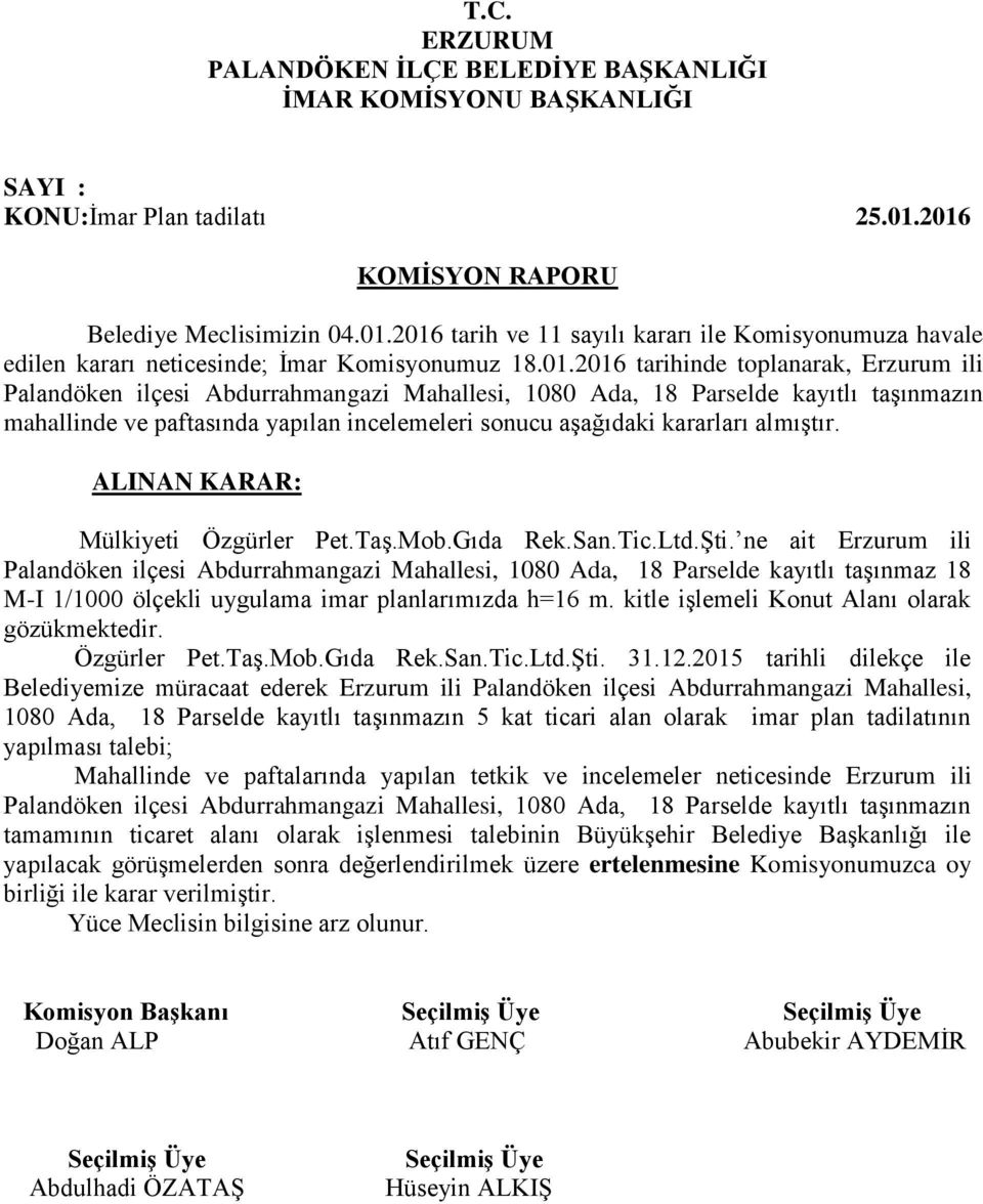 kitle işlemeli Konut Alanı olarak gözükmektedir. Özgürler Pet.Taş.Mob.Gıda Rek.San.Tic.Ltd.Şti. 31.12.