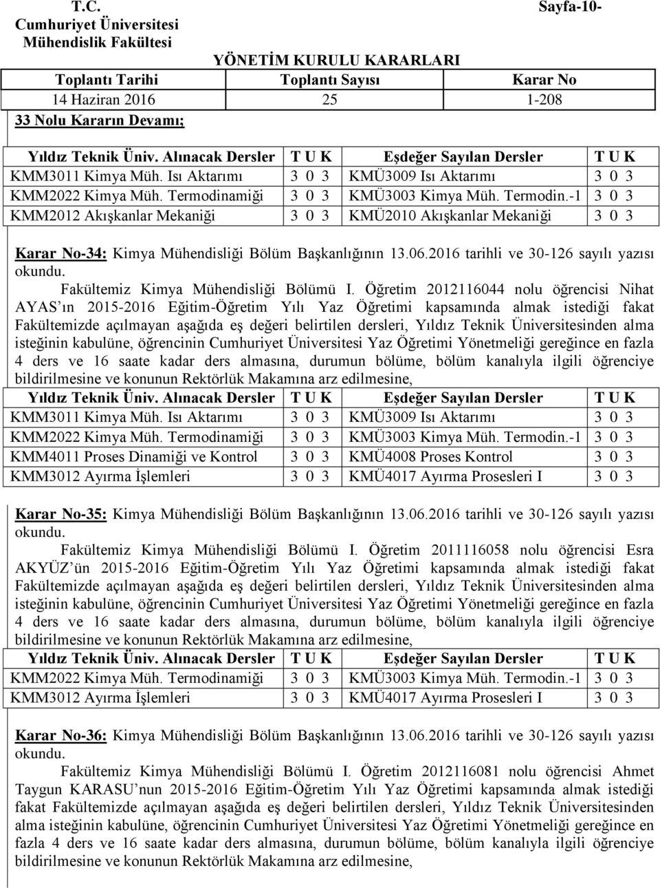 2016 tarihli ve 30-126 sayılı yazısı Fakültemiz Kimya Mühendisliği Bölümü I.