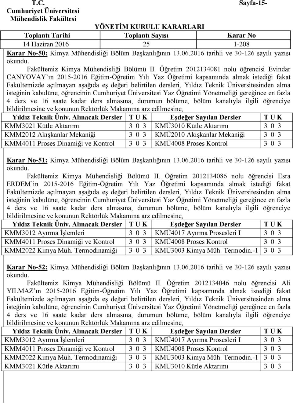 Akışkanlar Mekaniği 3 0 3 KMÜ2010 Akışkanlar Mekaniği 3 0 3 KMM4011 Proses Dinamiği ve Kontrol 3 0 3 KMÜ4008 Proses Kontrol 3 0 3 Karar No-51: Kimya Mühendisliği Bölüm Başkanlığının 13.06.