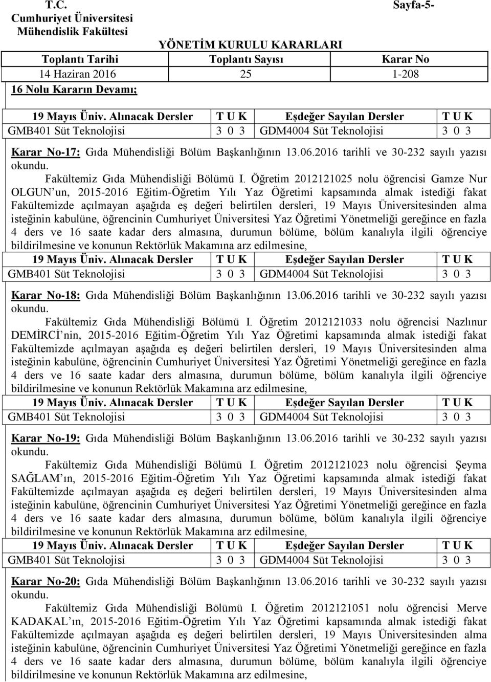 2016 tarihli ve 30-232 sayılı yazısı Fakültemiz Gıda Mühendisliği Bölümü I.