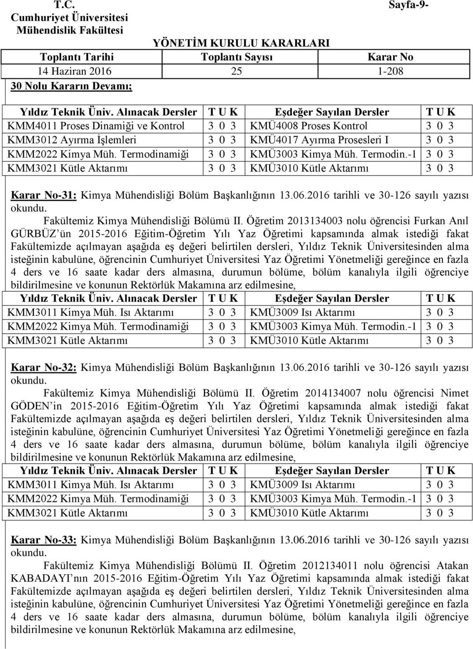 Öğretim 2013134003 nolu öğrencisi Furkan Anıl GÜRBÜZ ün 2015-2016 Eğitim-Öğretim Yılı Yaz Öğretimi kapsamında almak istediği fakat KMM3011 Kimya Müh.