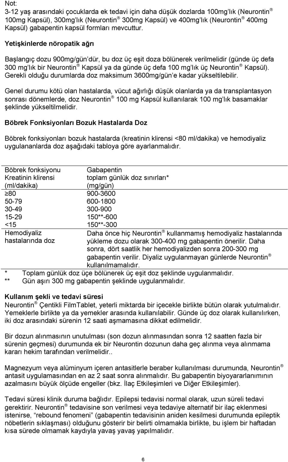 Yetişkinlerde nöropatik ağrı Başlangıç dozu 900mg/gün dür, bu doz üç eşit doza bölünerek verilmelidir (günde üç defa 300 mg lık bir Neurontin Kapsül ya da günde üç defa 100 mg lık üç Neurontin