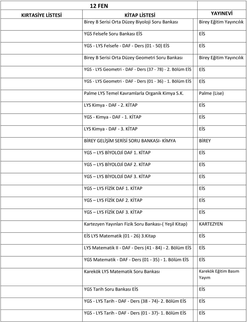 KİTAP YGS - Kimya - DAF - 1. KİTAP LYS Kimya - DAF - 3. KİTAP BİREY GELİŞİM SERİSİ SORU BANKASI- KİMYA YGS LYS BİYOLOJİ DAF 1. KİTAP YGS LYS BİYOLOJİ DAF 2. KİTAP YGS LYS BİYOLOJİ DAF 3.