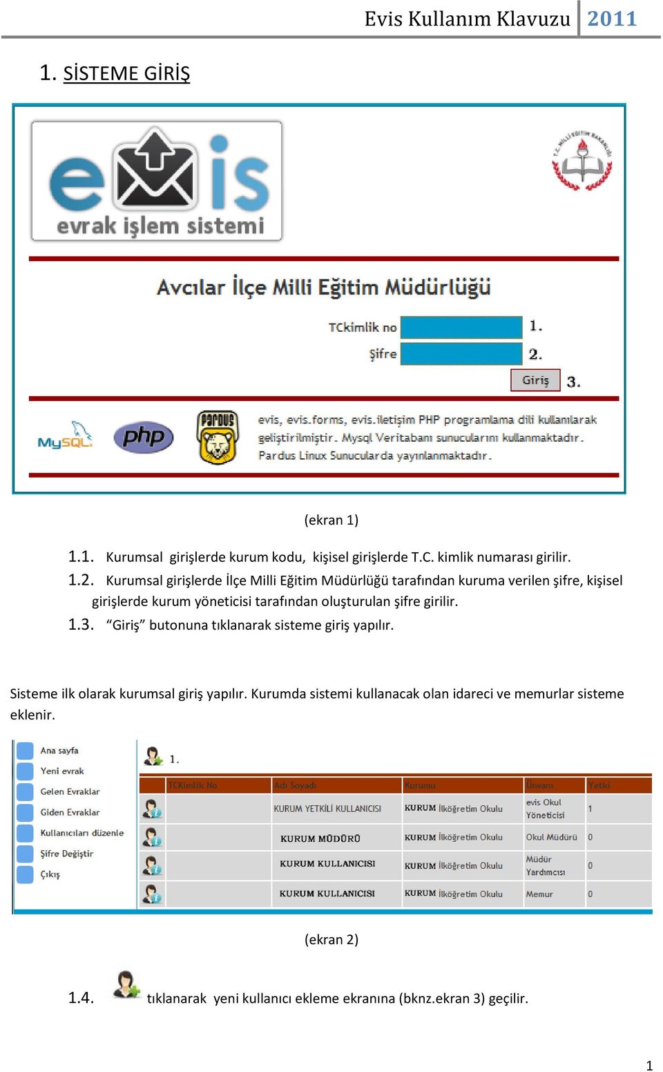 oluşturulan şifre girilir. 1.3. Giriş butonuna tıklanarak sisteme giriş yapılır. Sisteme ilk olarak kurumsal giriş yapılır.