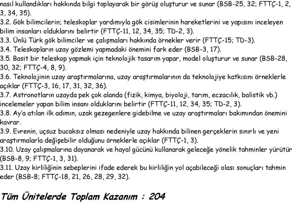 3.4. Teleskopların uzay gözlemi yapmadaki önemini fark eder (BSB-3, 17). 3.5. Basit bir teleskop yapmak için teknolojik tasarım yapar, model oluşturur ve sunar (BSB-28, 30, 32; FTTÇ-4, 8, 9). 3.6.