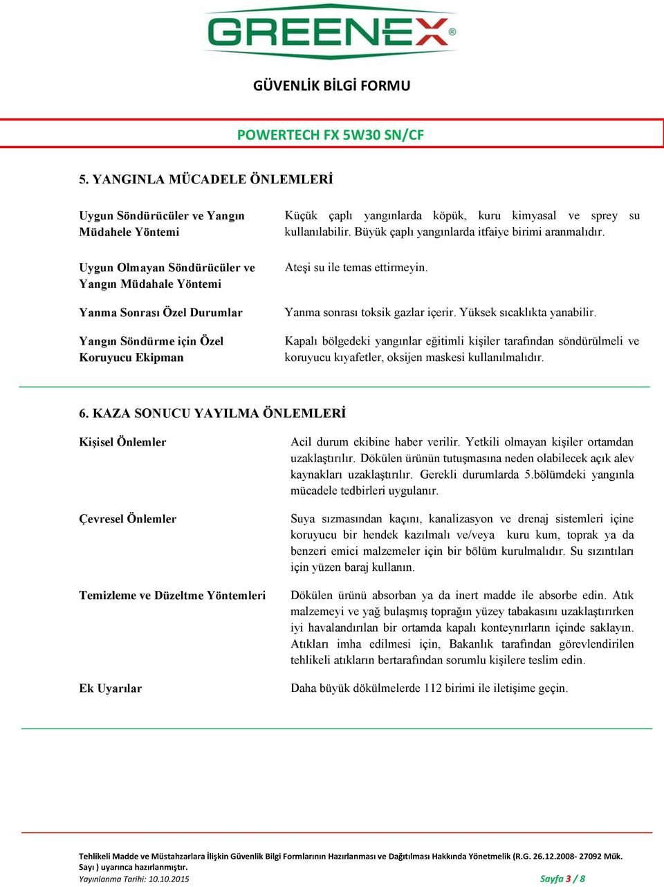 Yüksek sıcaklıkta yanabilir. Kapalı bölgedeki yangınlar eğitimli kişiler tarafından söndürülmeli ve koruyucu kıyafetler, oksijen maskesi kullanılmalıdır. 6.