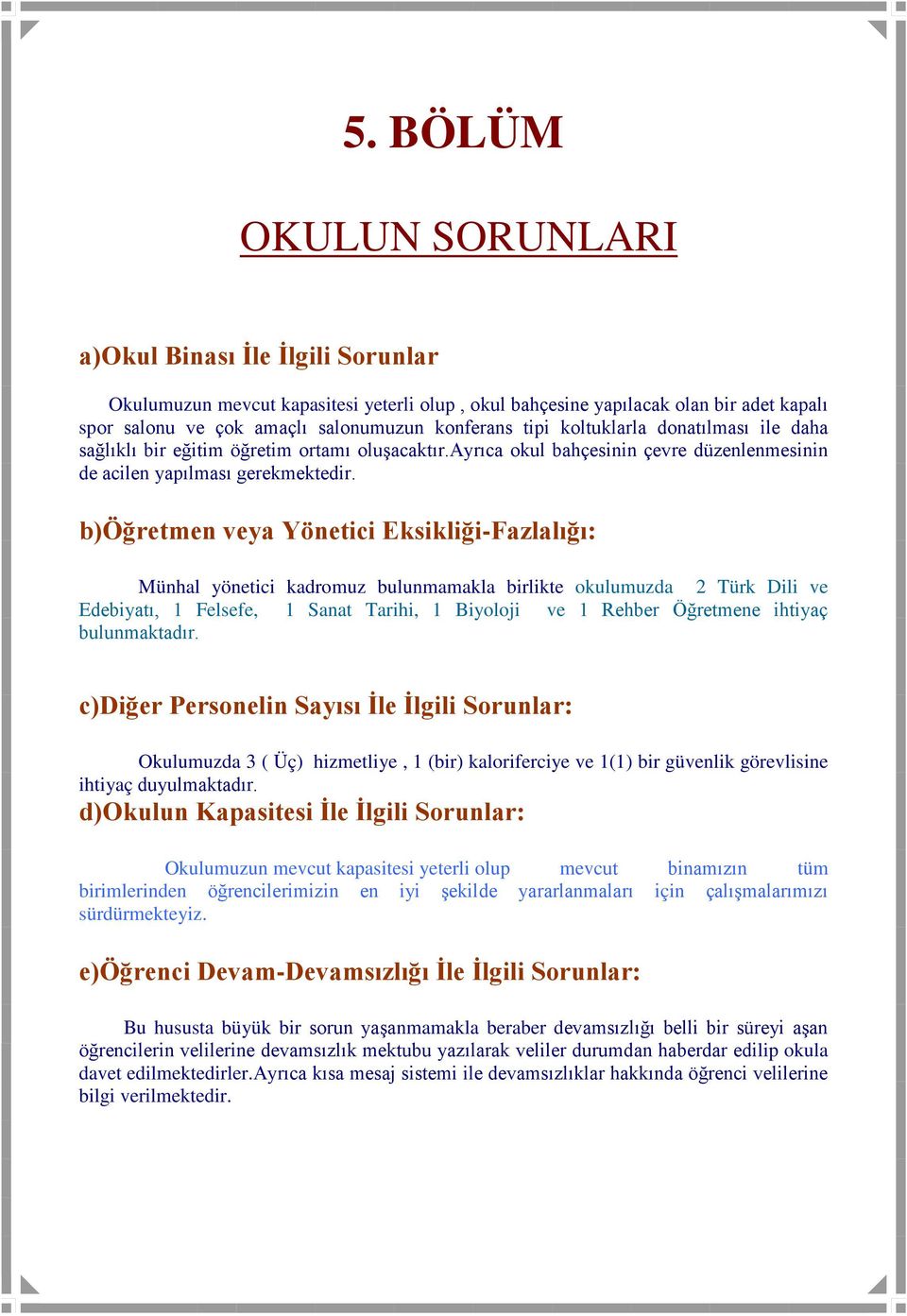 b)öğretmen veya Yönetici Eksikliği-Fazlalığı: Münhal yönetici kadromuz bulunmamakla birlikte okulumuzda 2 Türk Dili ve Edebiyatı, 1 Felsefe, 1 Sanat Tarihi, 1 Biyoloji ve 1 Rehber Öğretmene ihtiyaç