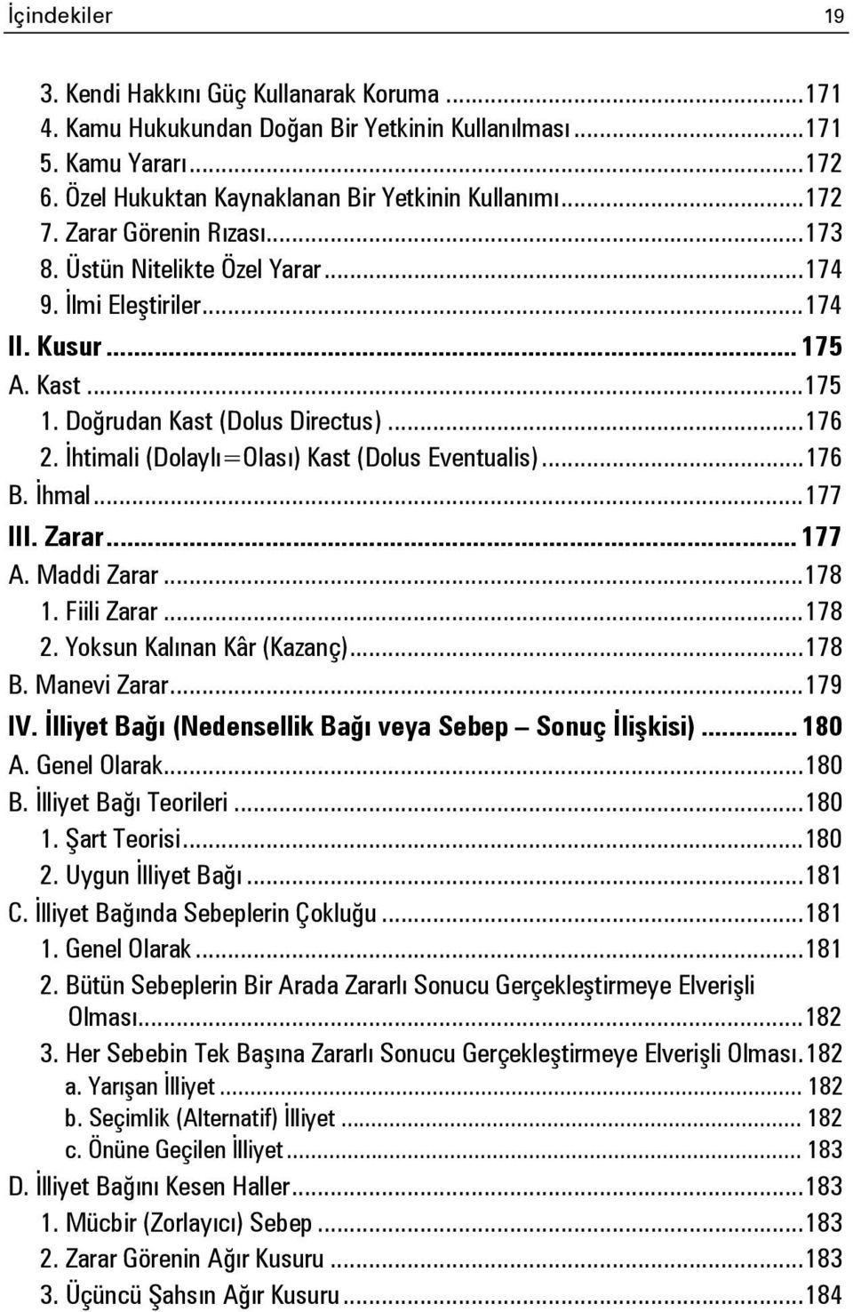 İhtimali (Dolaylı=Olası) Kast (Dolus Eventualis)... 176 B. İhmal... 177 III. Zarar... 177 A. Maddi Zarar... 178 1. Fiili Zarar... 178 2. Yoksun Kalınan Kâr (Kazanç)... 178 B. Manevi Zarar... 179 IV.