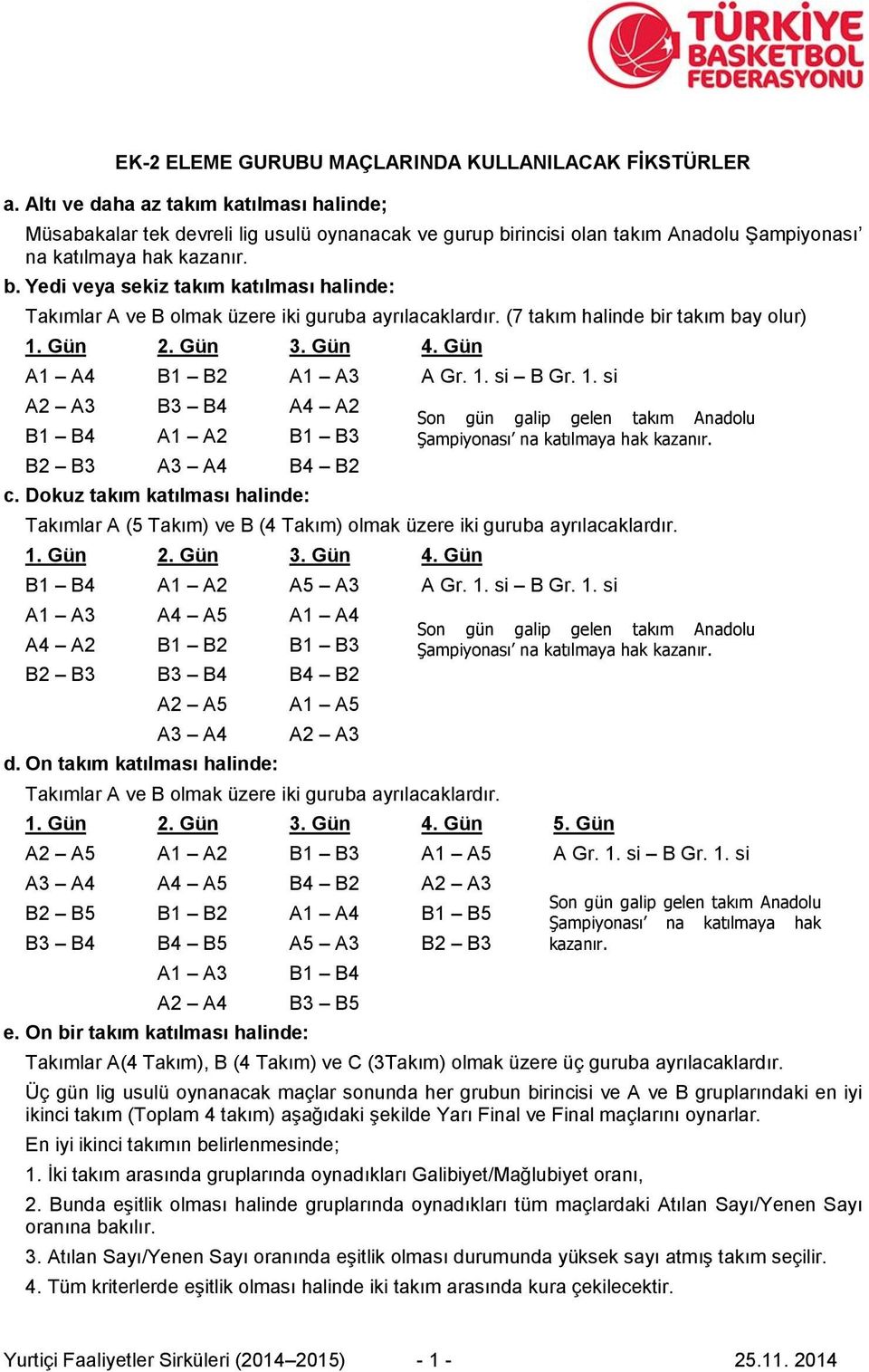 (7 takım halinde bir takım bay olur) 1. Gün 2. Gün 3. Gün 4. Gün A1 A4 B1 B2 A1 A3 A Gr. 1. si B Gr. 1. si A2 A3 B3 B4 A4 A2 B1 B4 A1 A2 B1 B3 B2 B3 A3 A4 B4 B2 c.