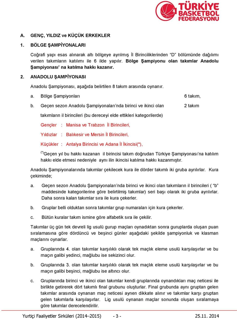 Geçen sezon Anadolu Şampiyonaları nda birinci ve ikinci olan 2 takım takımların il birincileri (bu dereceyi elde ettikleri kategorilerde) Gençler : Manisa ve Trabzon İl Birincileri, Yıldızlar :