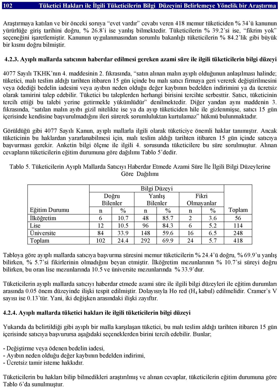 2 lik gibi büyük bir kısmı doğru bilmiştir. 4.2.3. Ayıplı mallarda satıcının haberdar edilmesi gereken azami süre ile ilgili tüketicilerin bilgi düzeyi 4077 Sayılı TKHK nın 4. maddesinin 2.