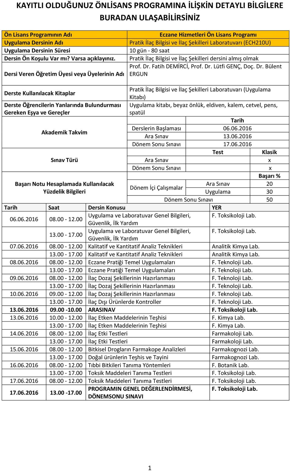 Dersi Veren Öğretim Üyesi veya Üyelerinin Adı Eczane Hizmetleri Ön Lisans Programı Pratik İlaç Bilgisi ve İlaç Şekilleri (ECH210U) 10 gün - 80 saat Pratik İlaç Bilgisi ve İlaç Şekilleri dersini almış