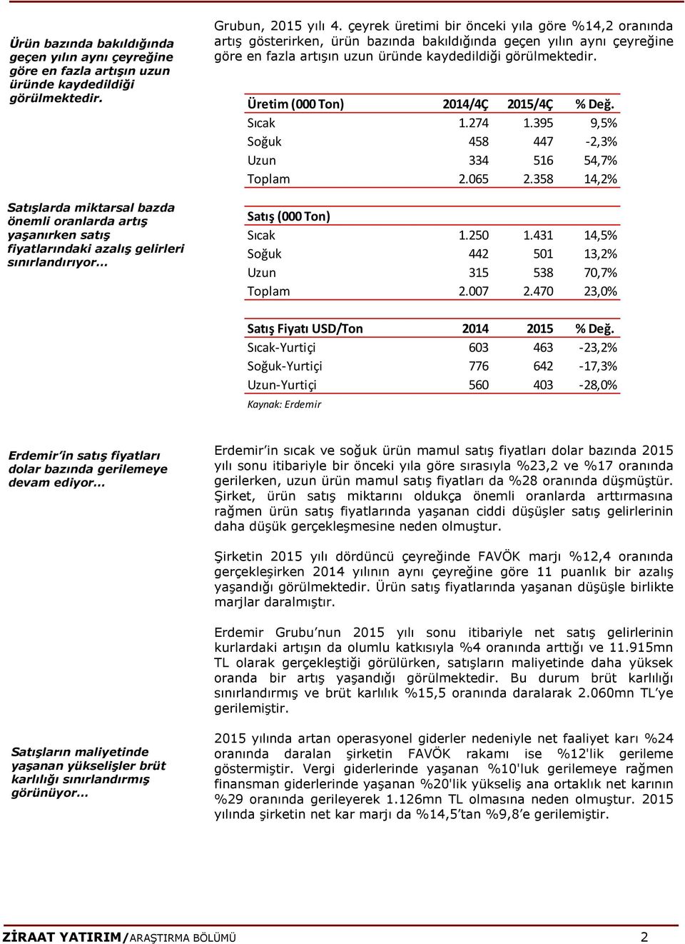 çeyrek üretimi bir önceki yıla göre %14,2 oranında artış gösterirken, ürün bazında bakıldığında geçen yılın aynı çeyreğine göre en fazla artışın uzun üründe kaydedildiği görülmektedir.