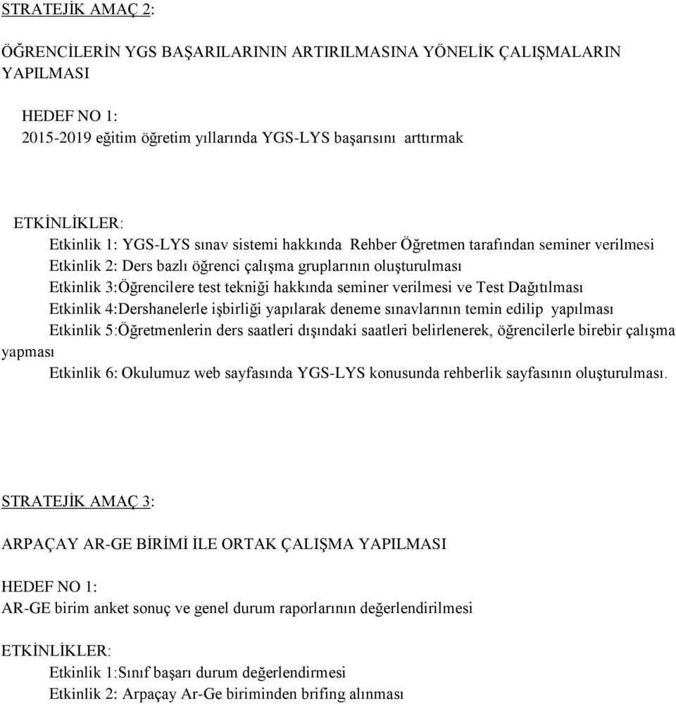 verilmesi ve Test Dağıtılması Etkinlik 4:Dershanelerle işbirliği yapılarak deneme sınavlarının temin edilip yapılması Etkinlik 5:Öğretmenlerin ders saatleri dışındaki saatleri belirlenerek,