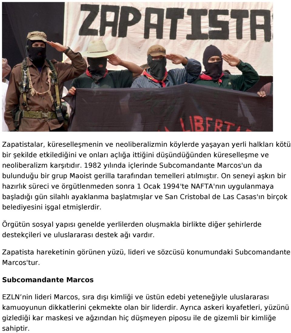 On seneyi aşkın bir hazırlık süreci ve örgütlenmeden sonra 1 Ocak 1994'te NAFTA'nın uygulanmaya başladığı gün silahlı ayaklanma başlatmışlar ve San Cristobal de Las Casas'ın birçok belediyesini işgal